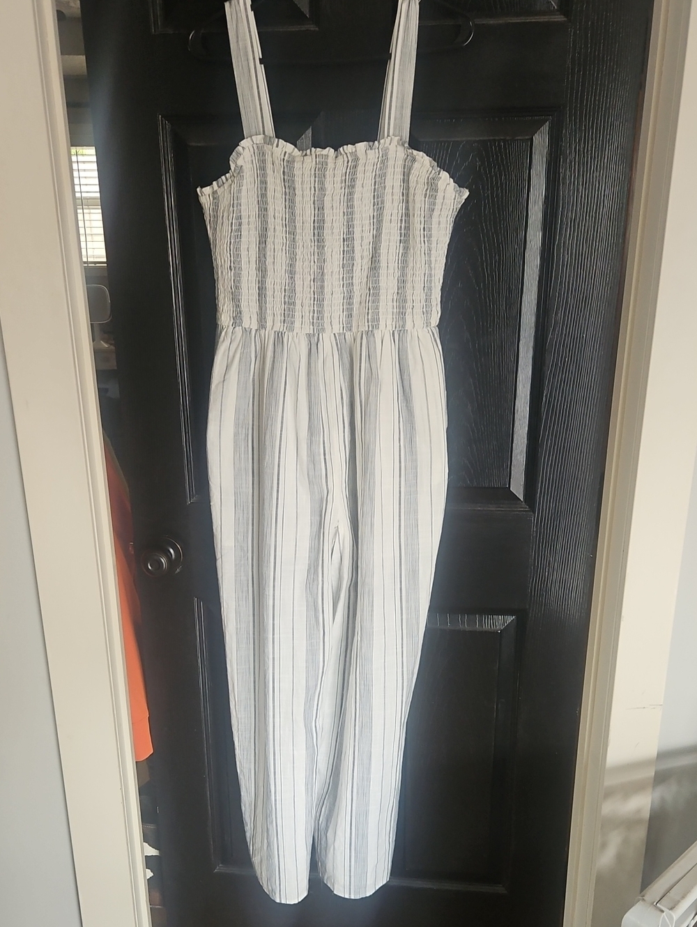 Striped White & Blue Smocked Jumpsuit